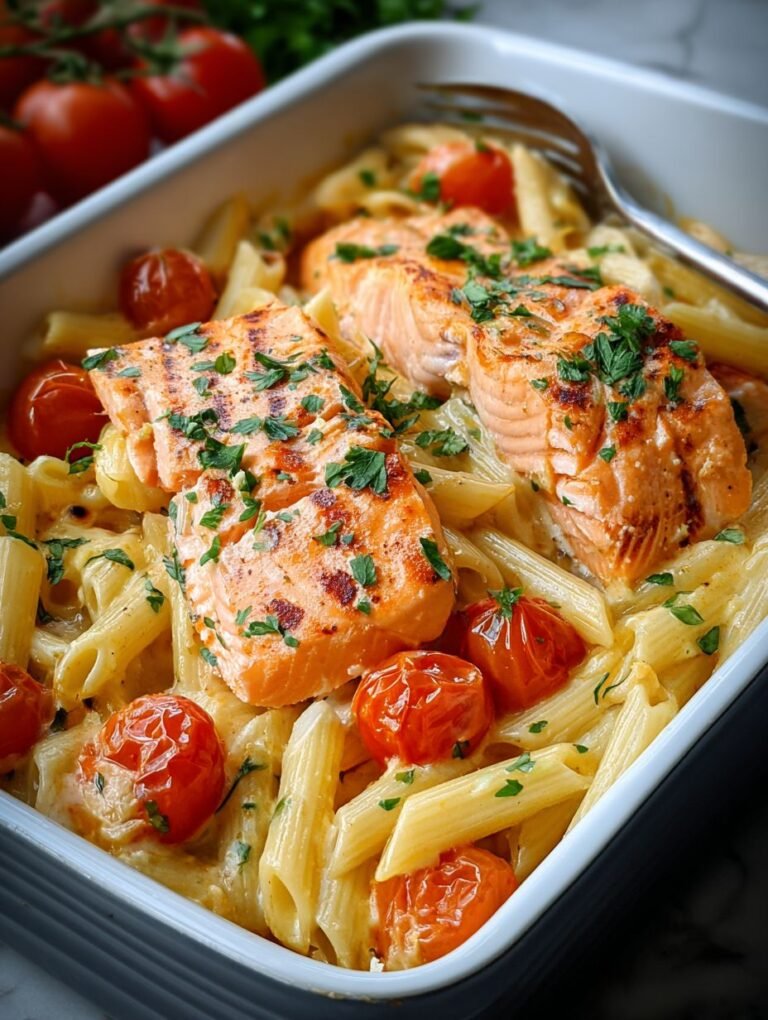Cremige Ofen-Lachs-Pasta mit Tomaten