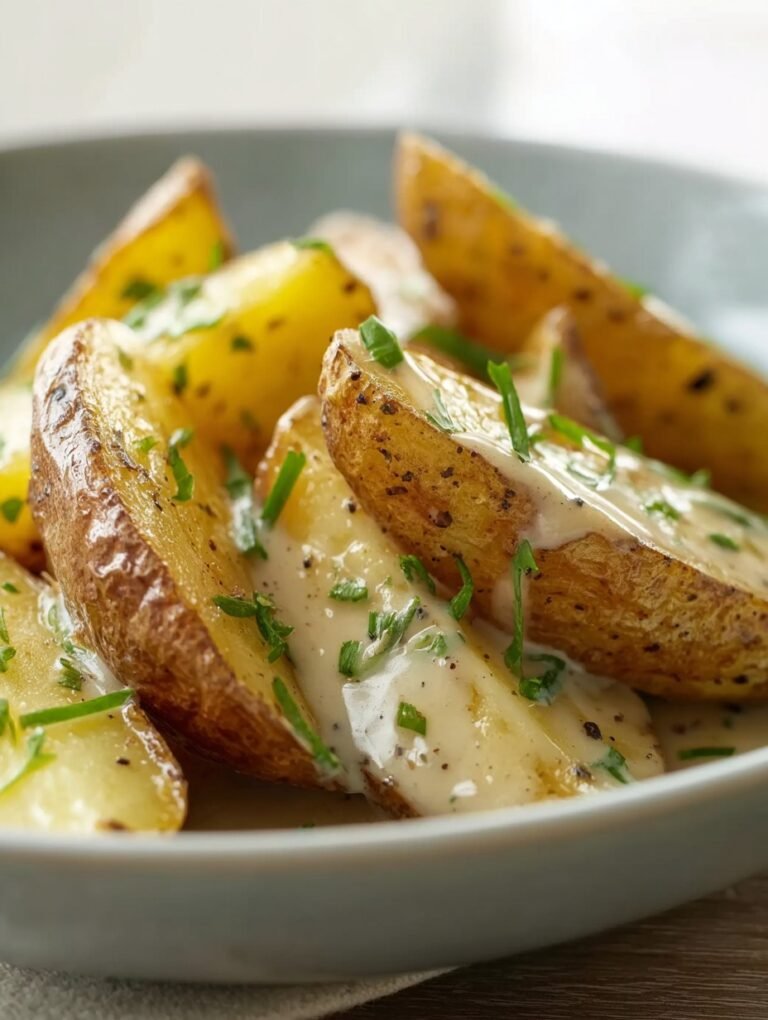 Die besten knusprigen Kartoffelspalten mit Rahmsoße