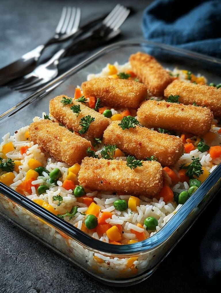 Knusprige Fischstäbchen mit Reis & buntem Gemüse