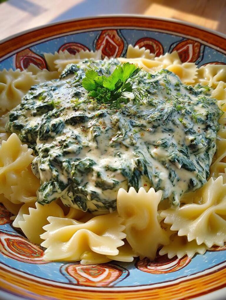 Cremige Spinatfrischkäse Sauce über Pasta genießen