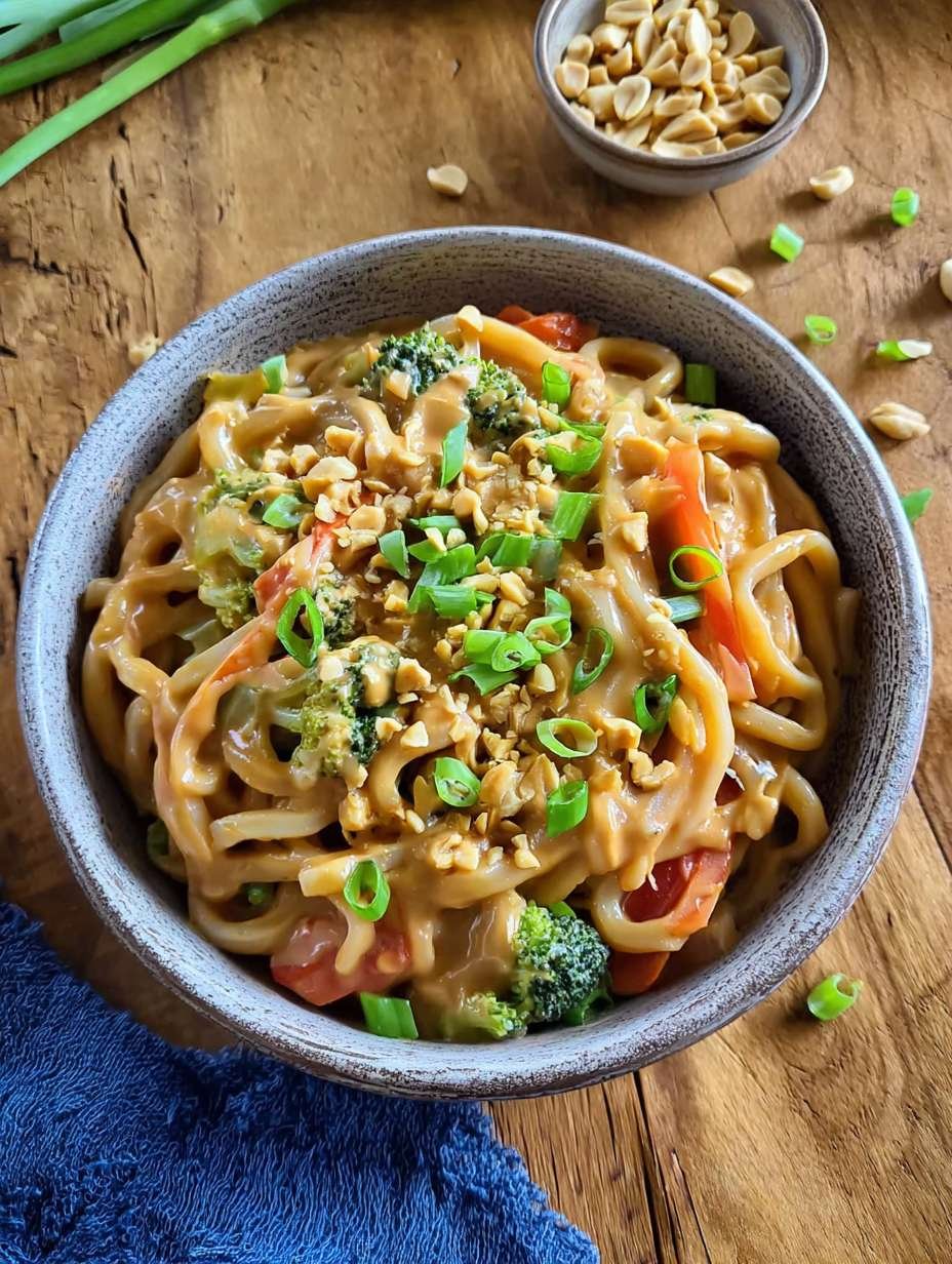 Cremige Udon Nudeln mit Erdnusssauce und frischem Gemüse image 2