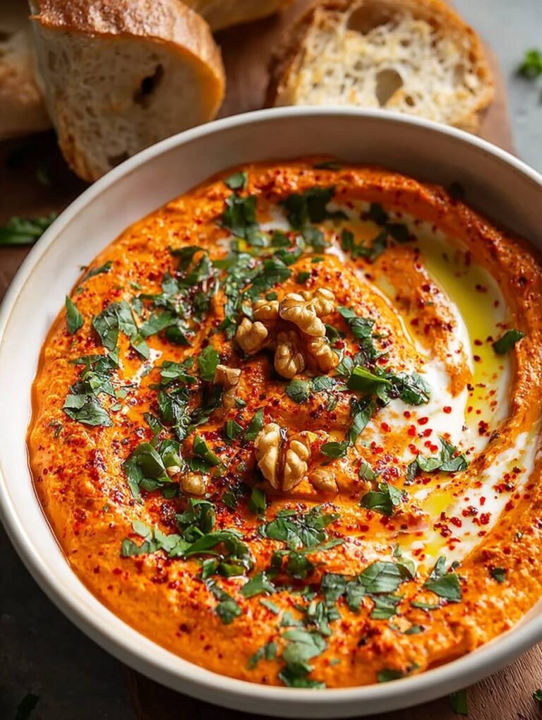 Cremiger Paprika-Walnuss-Dip mit frischen Kräutern