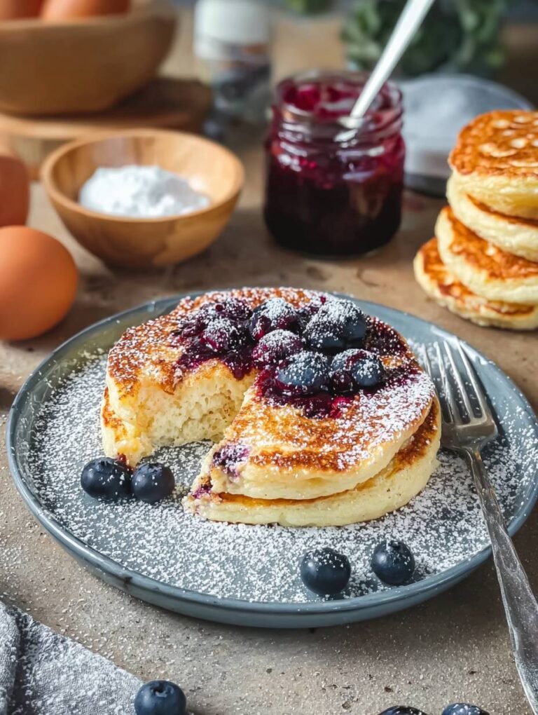 Fluffy High Protein Pancakes with Berries and Powdered Sugar