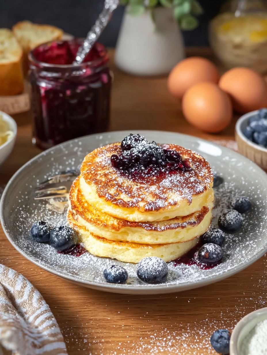 Fluffy High Protein Pancakes with Berries and Powdered Sugar image 2