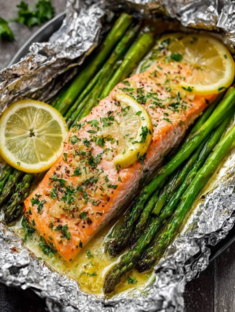 Gebackener Lachs mit Spargel und Zitronen-Knoblauch-Butter