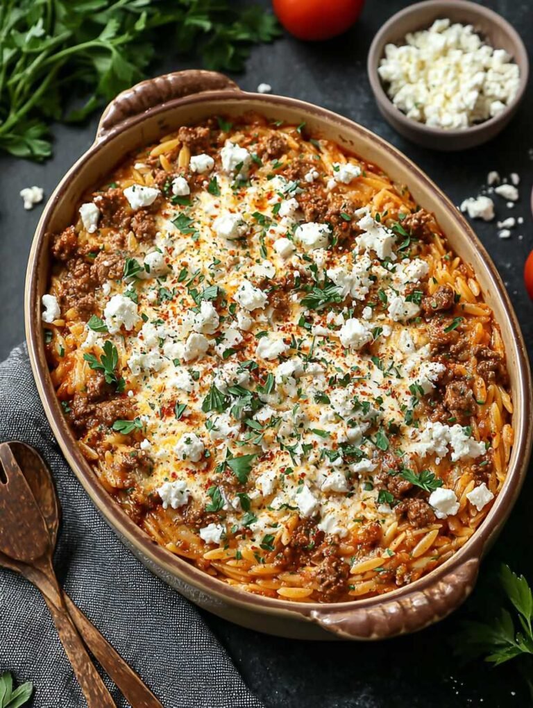 Griechischer Hackauflauf mit Kritharaki und Feta überbacken