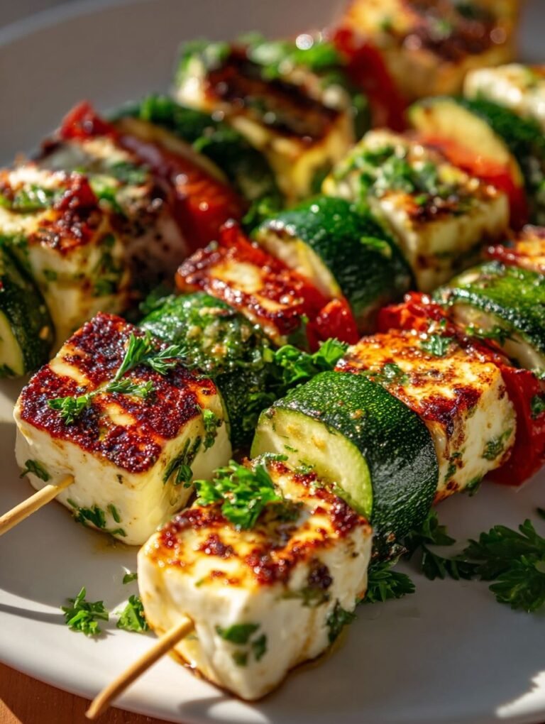Grillzeit: Halloumi Zucchini Spieße mit Kräutern