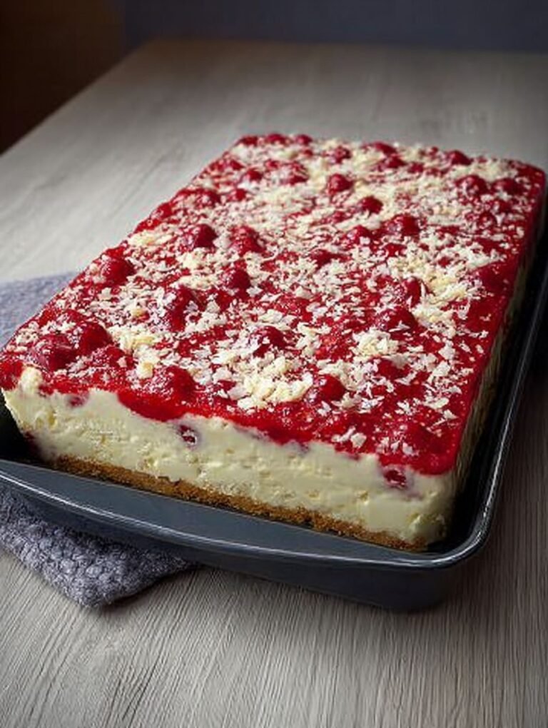 Leckeres Blechkuchen-Rezept mit fruchtiger Himbeerhaube