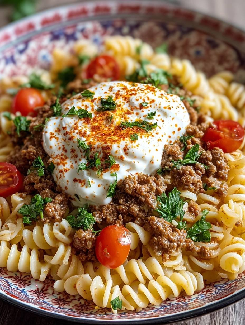Türkische Pasta mit Hackfleisch und Joghurtsoße genießen image 2